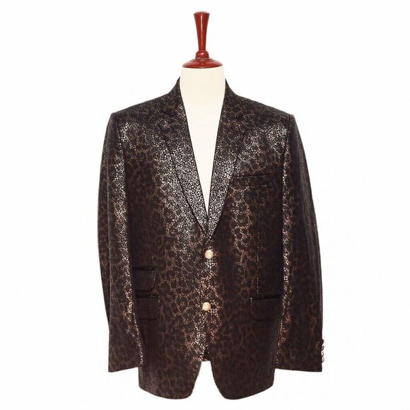 Mens Blazer Black Gold Cheetah Print Formal Party Jacket Wedding